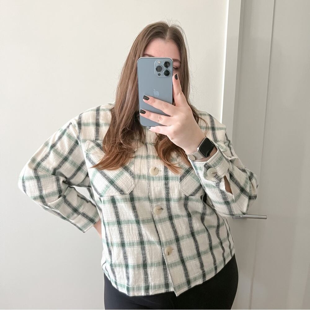 ZARA Green Cream Plaid Oversized Button Down Overshirt Shacket Womens Size Large - Picture 1 of 10